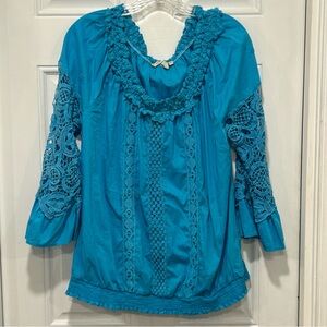 Soft Surroundings Romantique Tunic Crochet Bell Sleeve Aqua Blue Top Plus Sz 1X